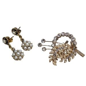 Vintage Pearl Rhinestone Brooch Pin and Dangle Earrings Gold Tone